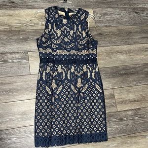 Navy and nude underlay sheath lace dress
